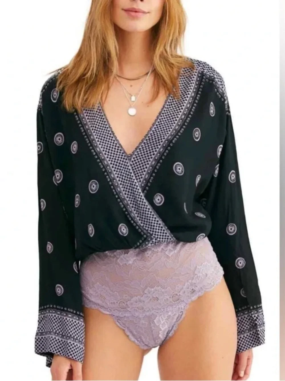 Free People Black Purple On Board Long Sleeve Bodysuit, Size M